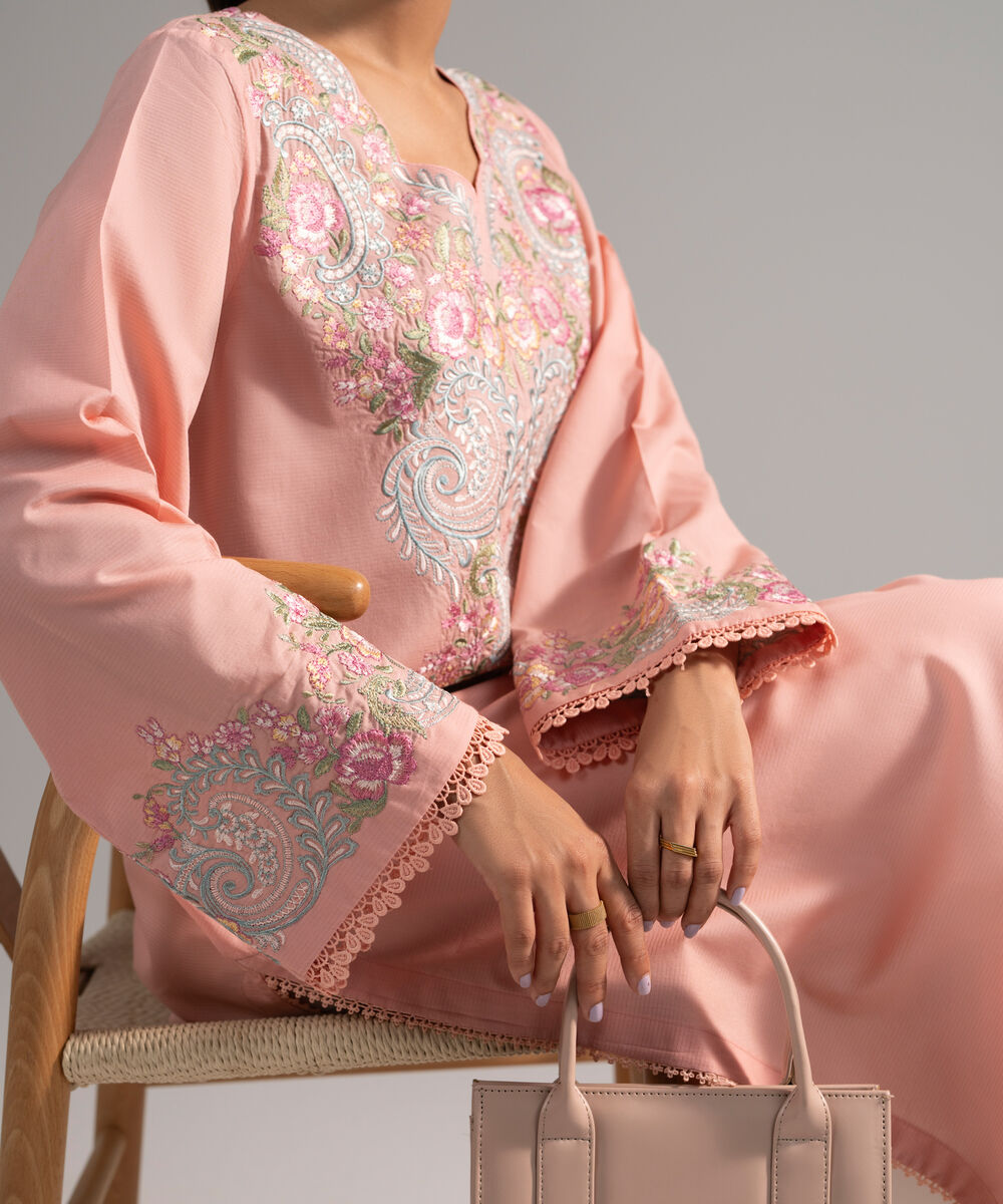 Women's RTW Zari Lawn Embroidered Pink A-Line Shirt