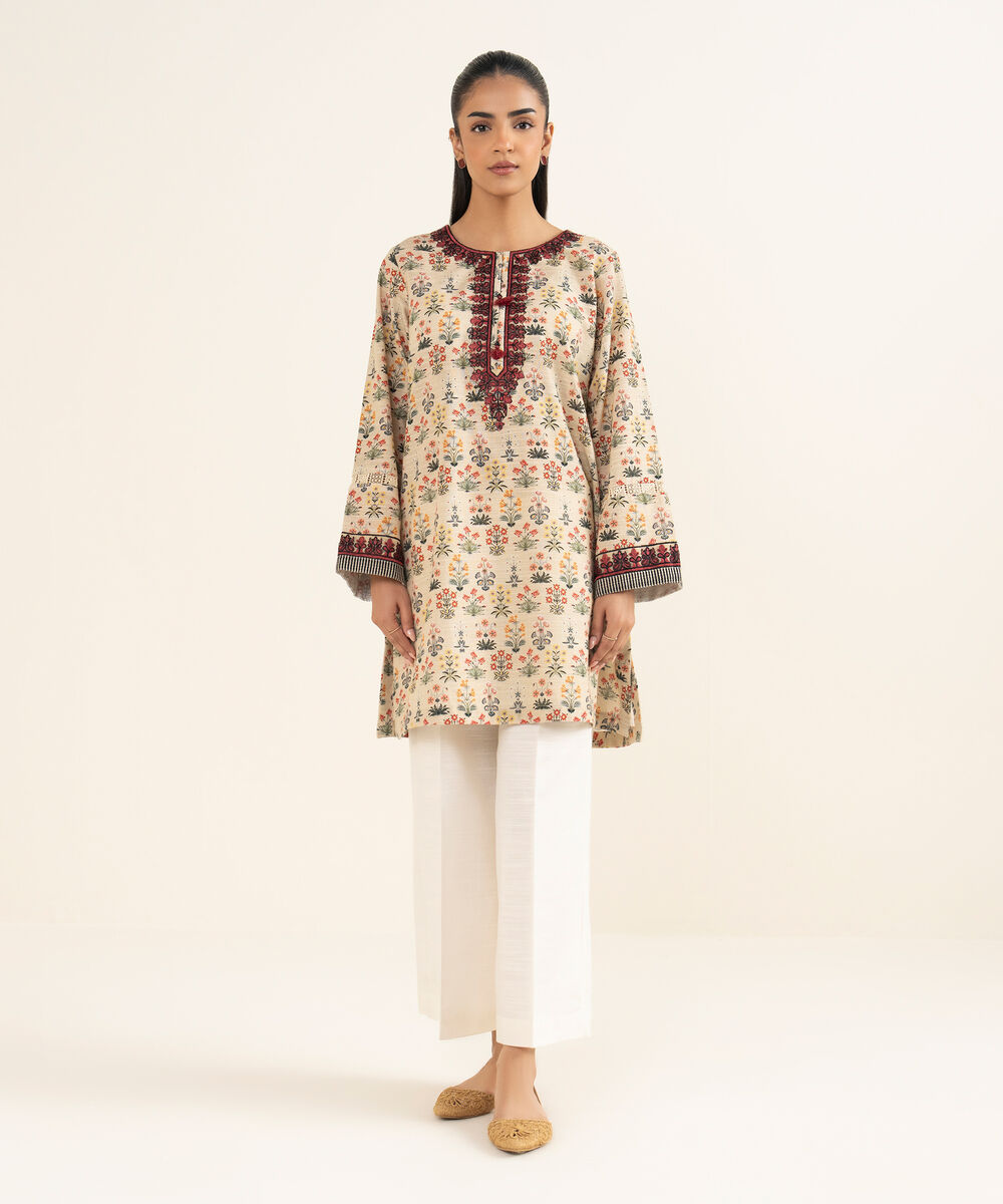 Women's RTW Khaddar Embroidered Beige A-Line Shirt
