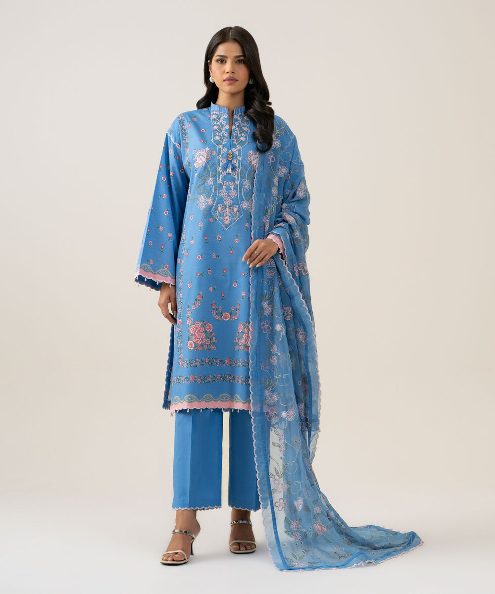 Women's Unstitched Blended Chiffon Printed Blue 3 Piece Suit