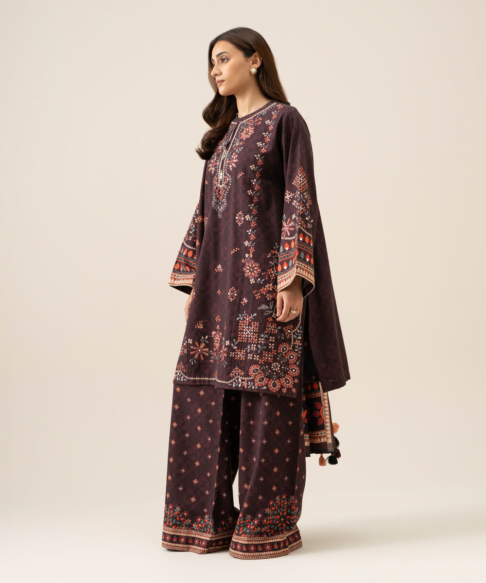 Women's Unstitched Light Khaddar Embroidered Plum 3 Piece Suit