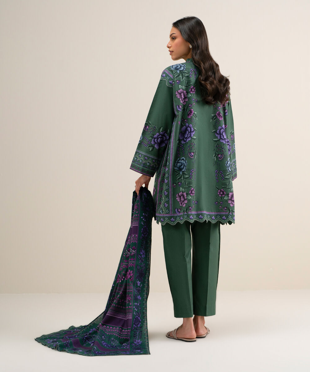 Women's Unstitched Printed Cotton Viscose Green 3 Piece Suit