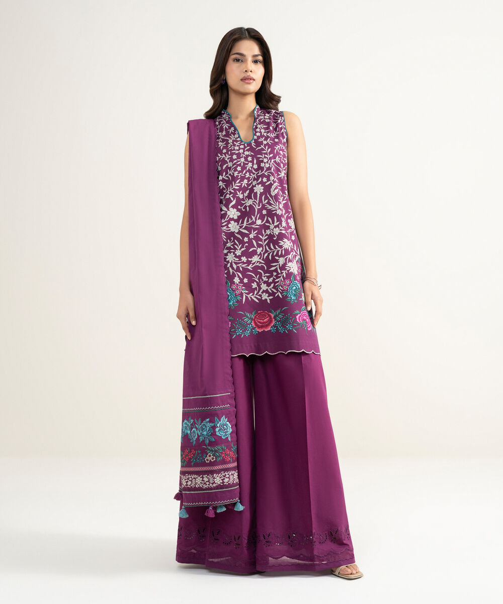 Women's Unstitched Lawn Embroidered Purple 3 Piece Suit