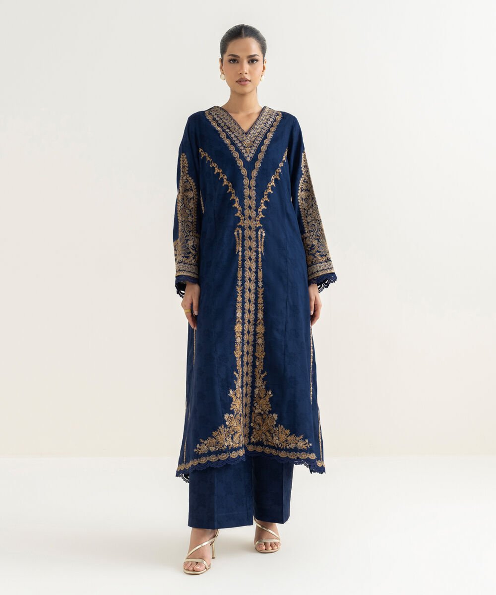 Women's RTW Cotton Jacquard Blue Embroidered A-Line Shirt