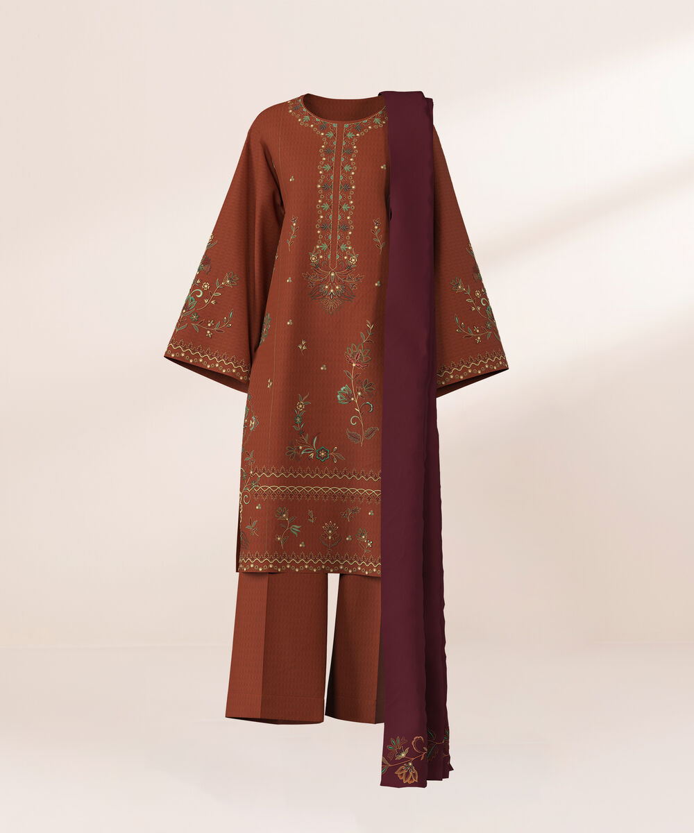 Women's Unstitched Dobby Embroidered Brown 3 Piece Suit