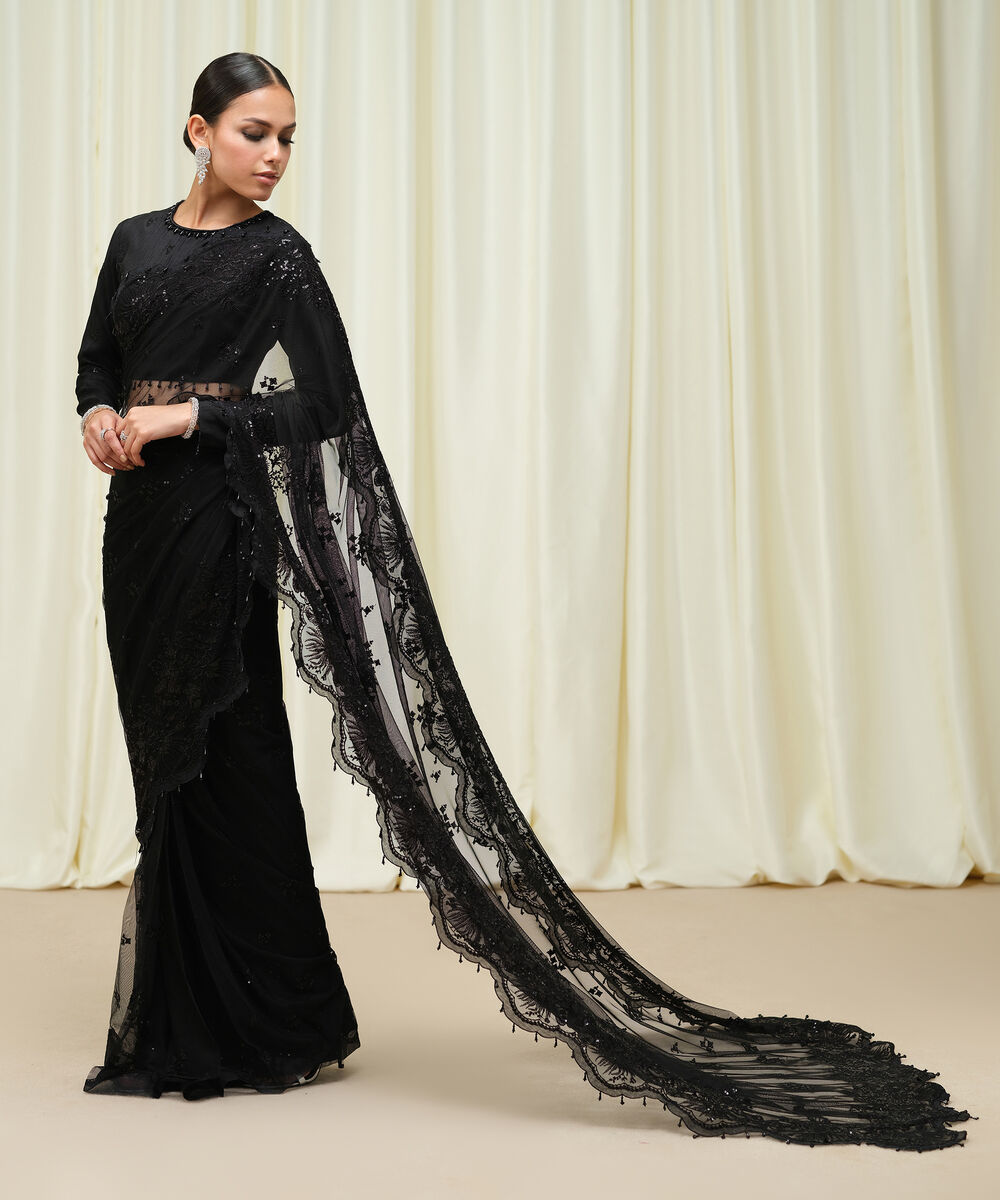 Women's Unstitched Embroidered Net Black Saree