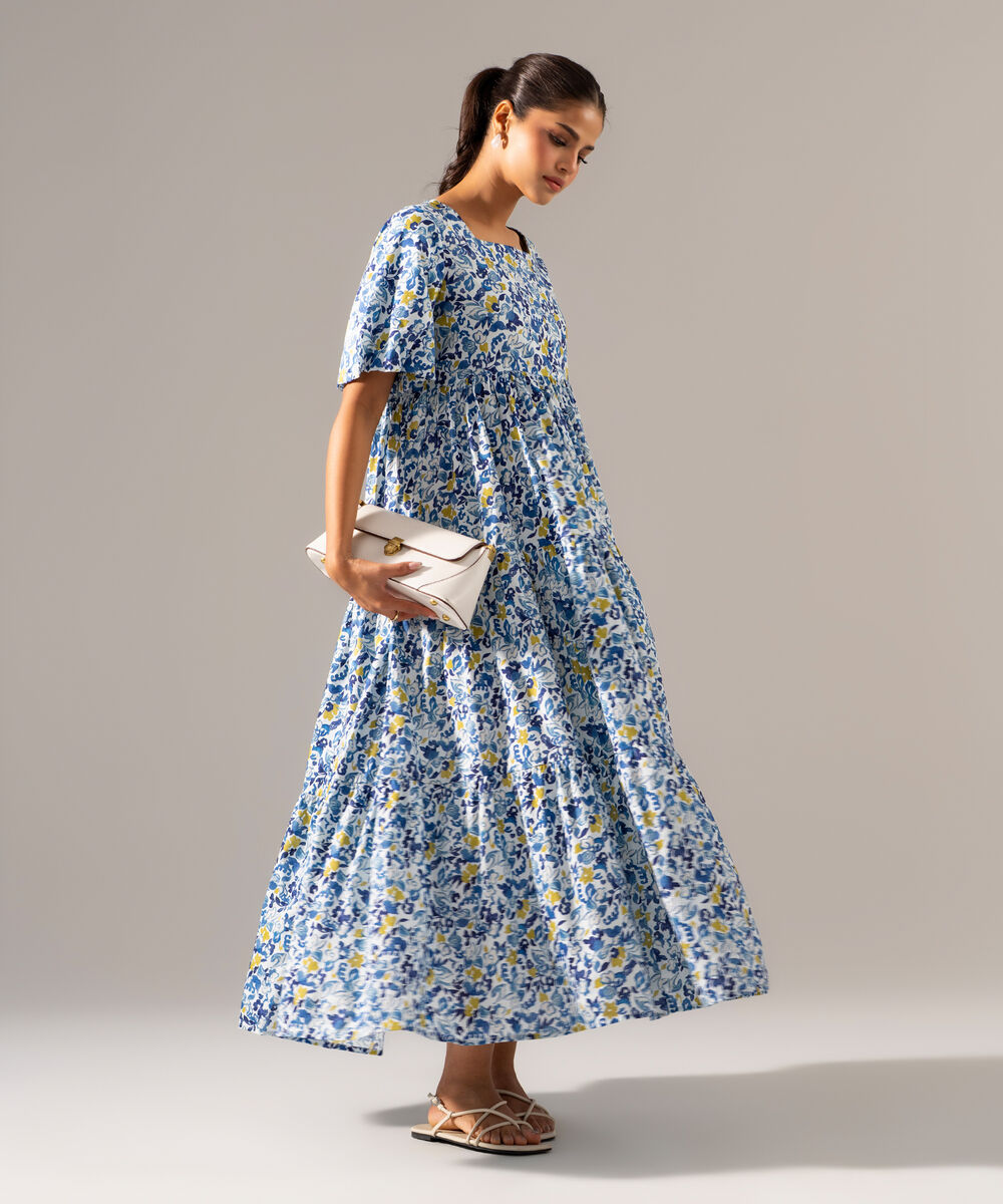 Women's RTW Cotton Viscose Printed Blue Dress