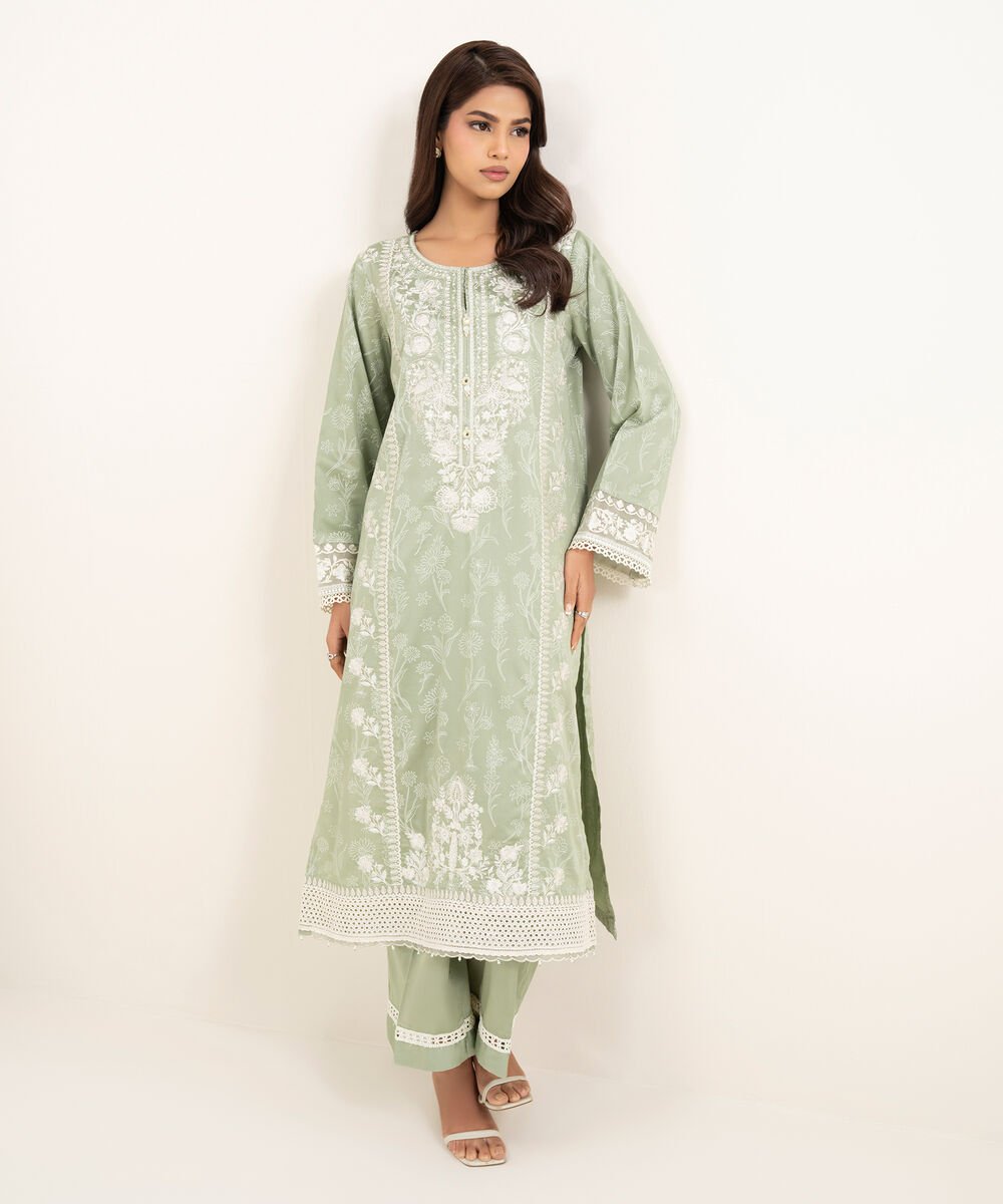 Women's RTW Lawn Embroidered Green A-Line Shirt