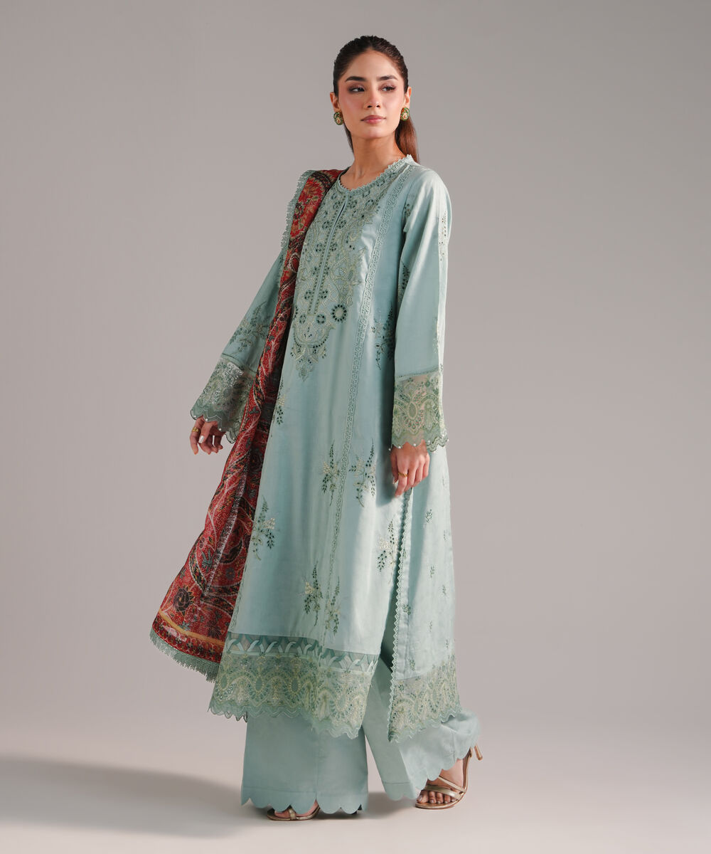 Women's RTW Self Jacquard Embroidered Seafoam Green 3 Piece Suit