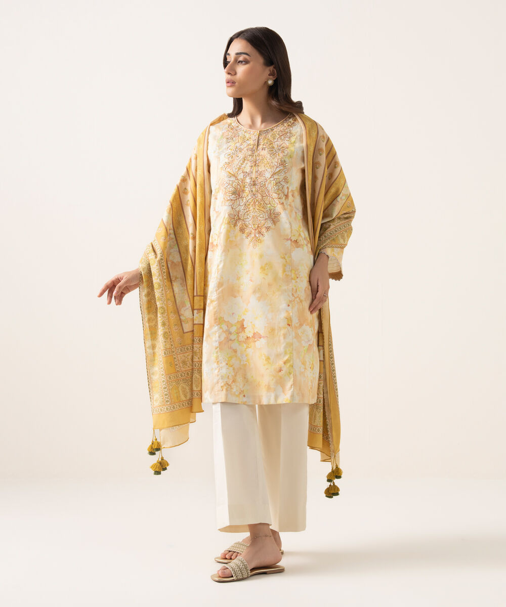 Women's Unstitched Textured Lawn Embroidered Yellow 3 Piece Suit