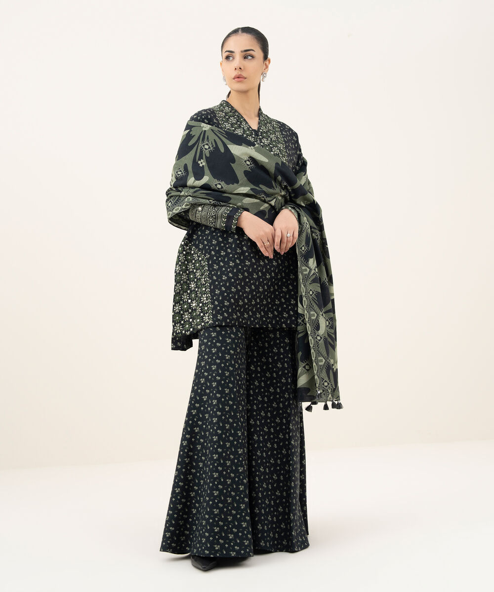 Women's Unstitched Printed Khaddar Black and Off White 3 Piece Suit