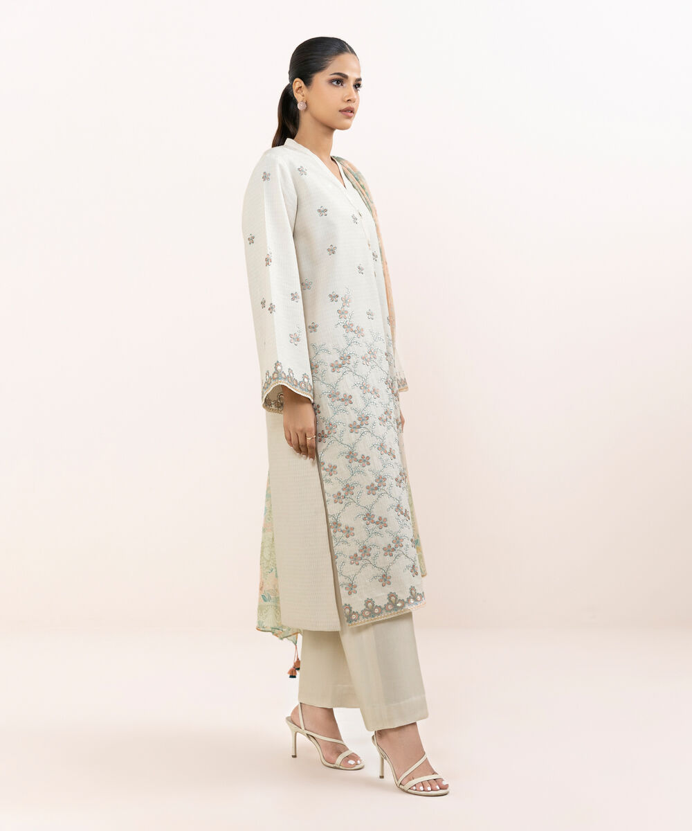 Women's Unstitched Linen Jacquard Dyed Three Piece Suit