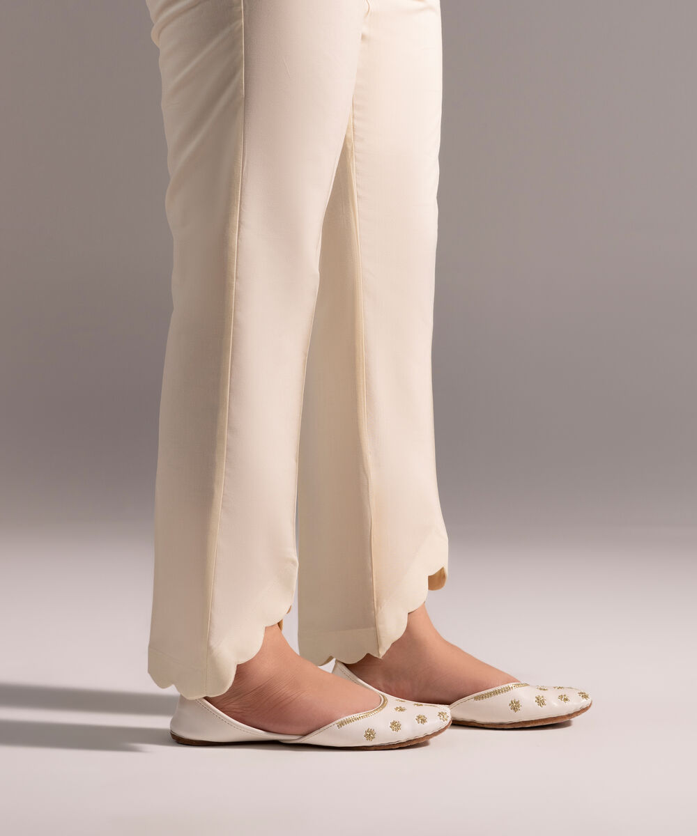 Women's RTW Cotton Viscose Solid Off White Straight Pants