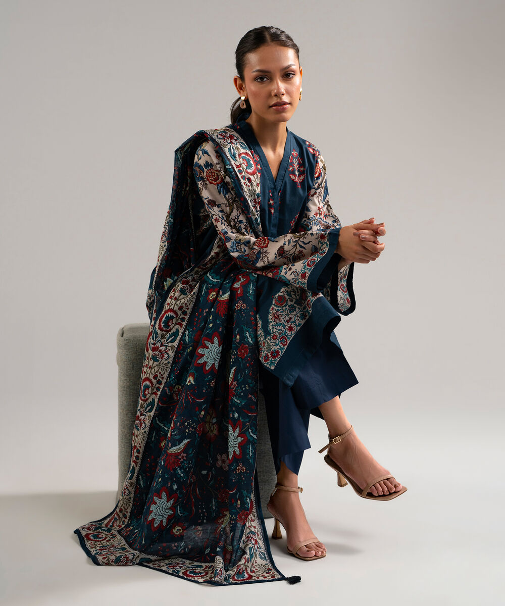 Women's RTW Slub Lawn Printed Blue 3 Piece Suit