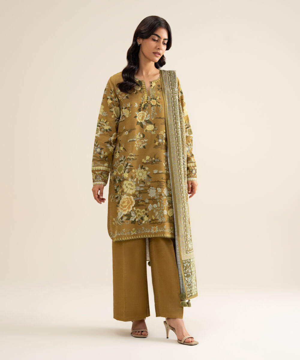Women's Unstitched Premium Khaddar Printed Olive Green 3 Piece Suit