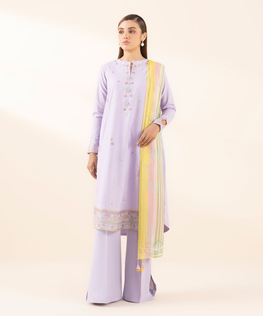 Women's Unstitched Dobby Embroidered Purple 3 Piece Suit