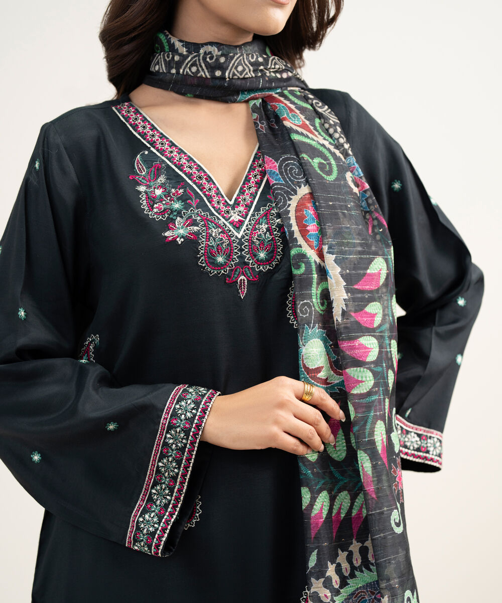 Women's RTW Viscose Raw Silk Embroidered Black 3 Piece Suit