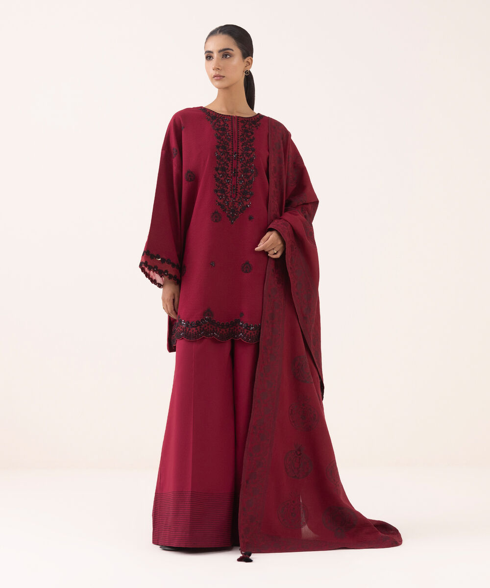Women's Unstitched Dobby Embroidered Maroon Three Piece Suit
