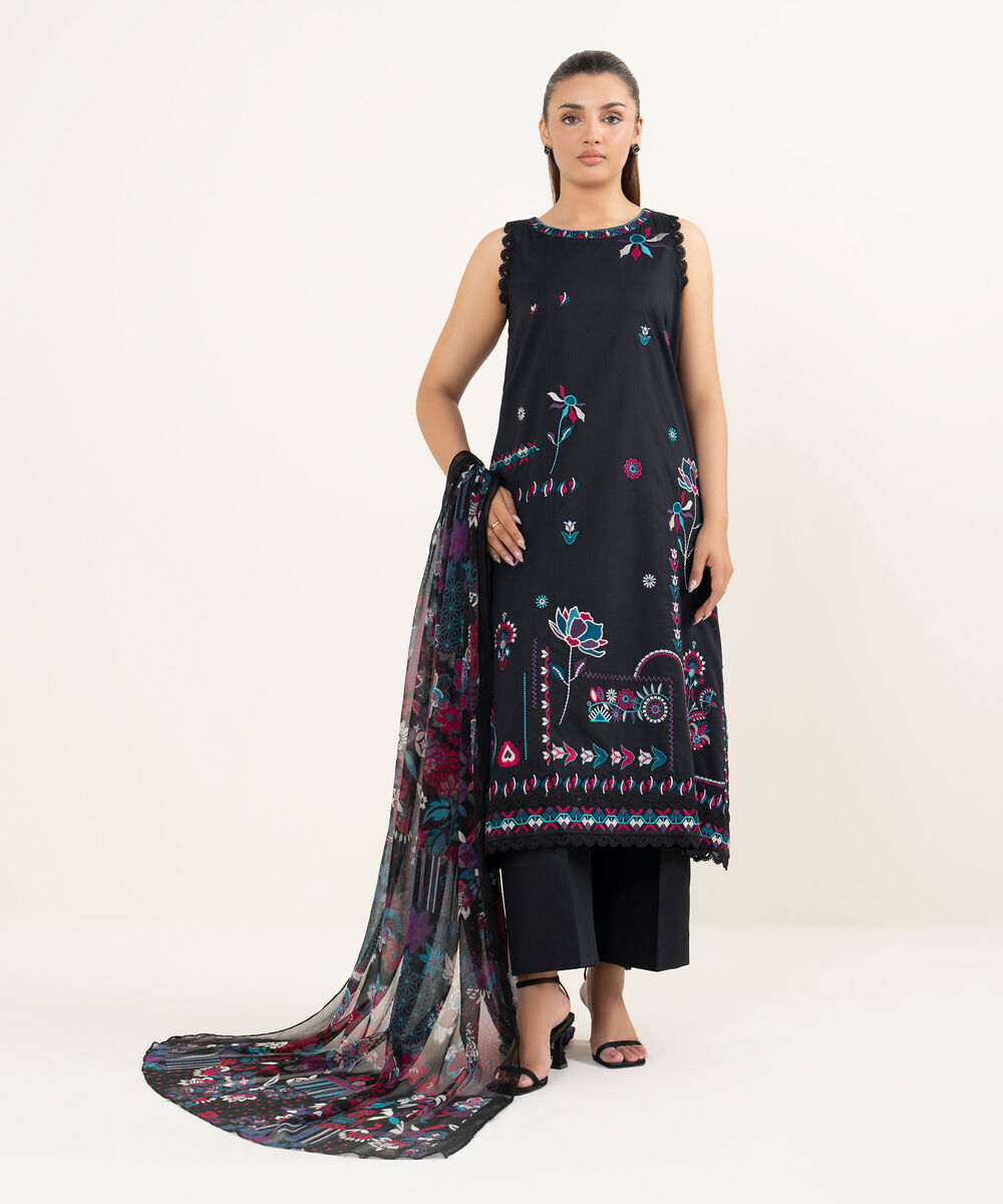 Women's Unstitched Dobby Embroidered Black Two Piece Suit