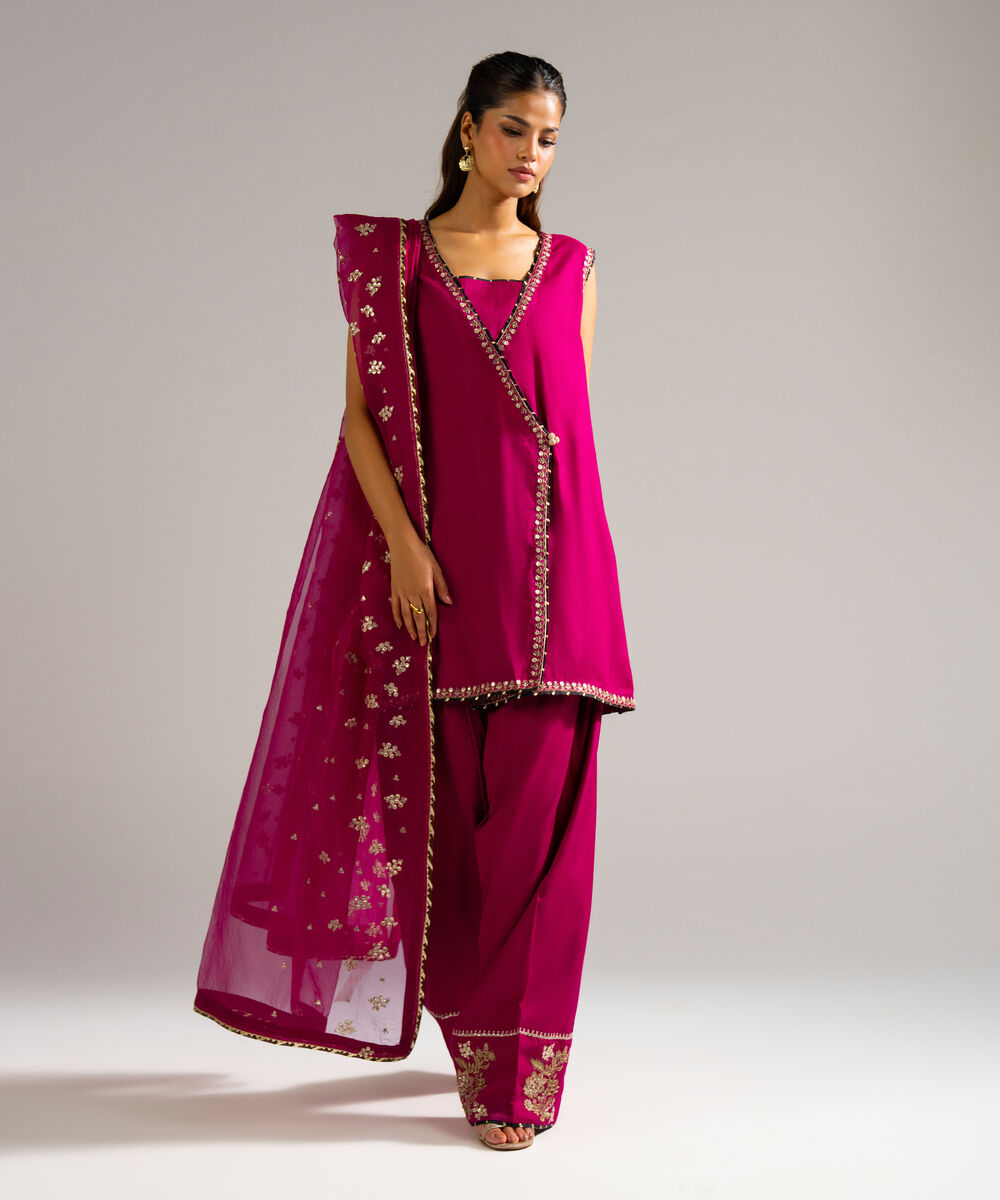 Women's RTW Raw Silk Embroidered Plum 3 Piece Suit