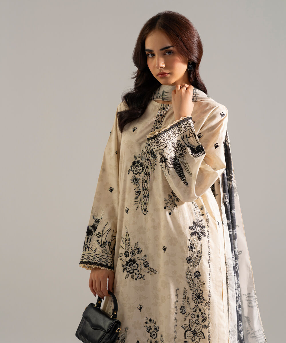 Women's RTW Lawn Embroidered Off White 3 Piece Suit