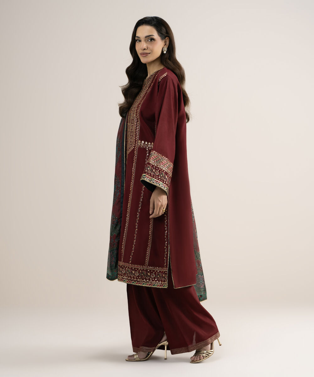 Women's Unstitched Embroidered Blended Raw Silk Red 3 Piece Suit