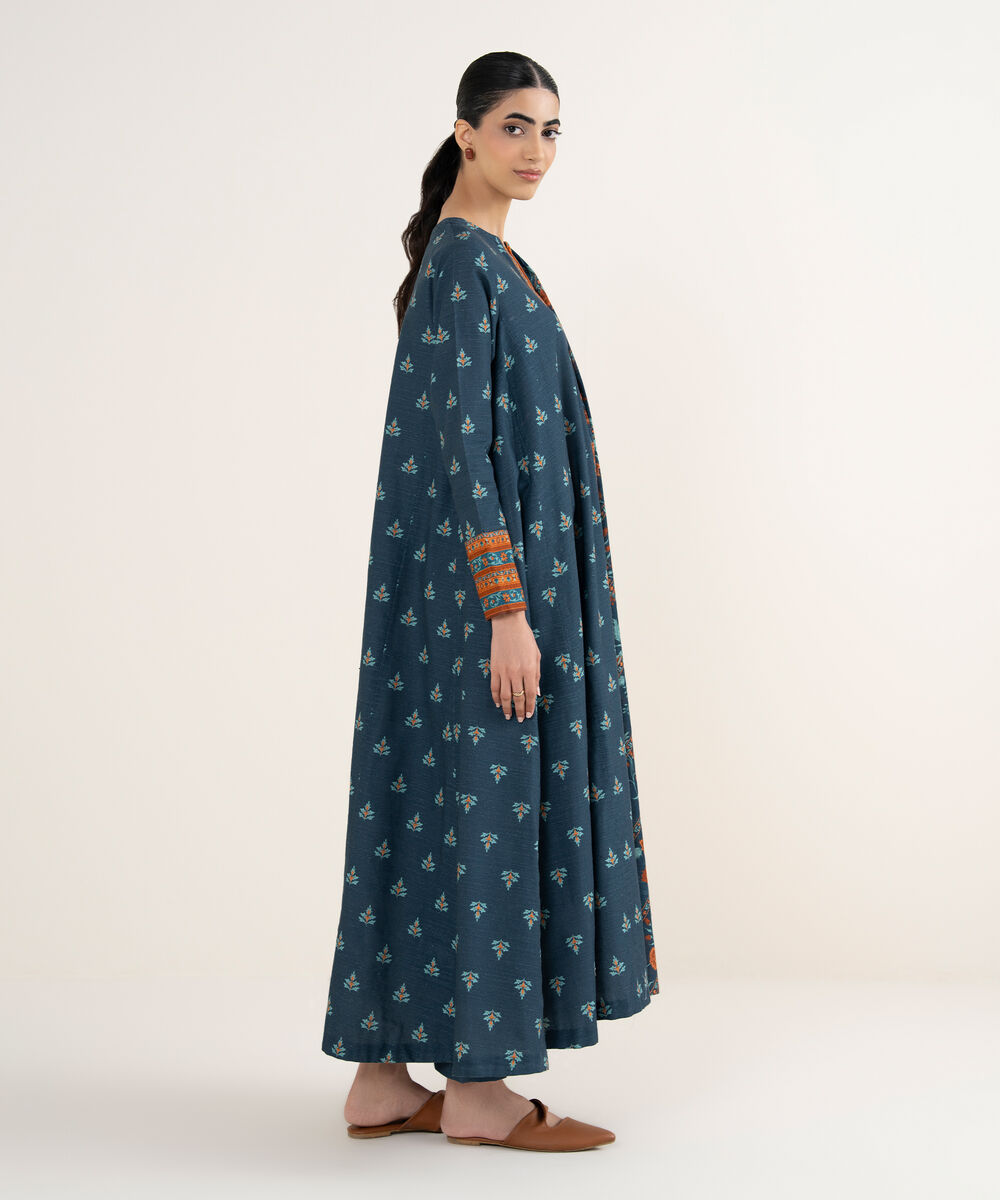 Women's Unstitched Printed Khaddar Midnight Blue & Orange 3 Piece Suit