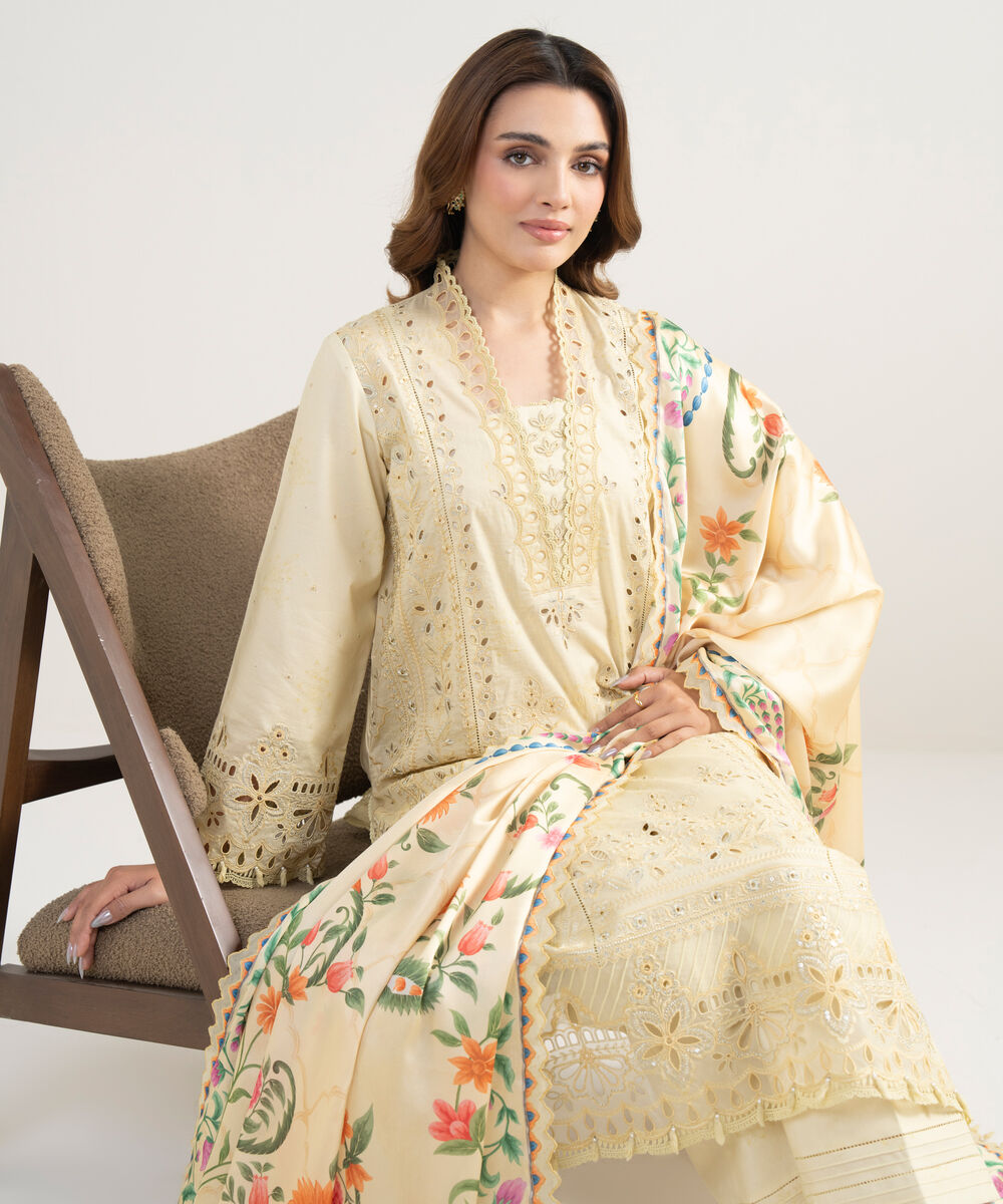 Women's Unstitched Cotton Embroidered Yellow 3 Piece Suit