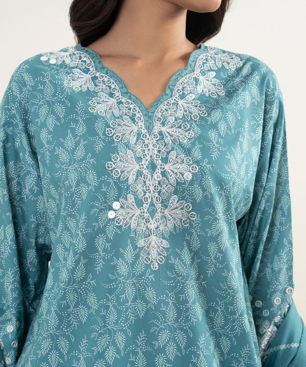 Women's Unstitched Lawn Embroidered Aqua 3 Piece Suit