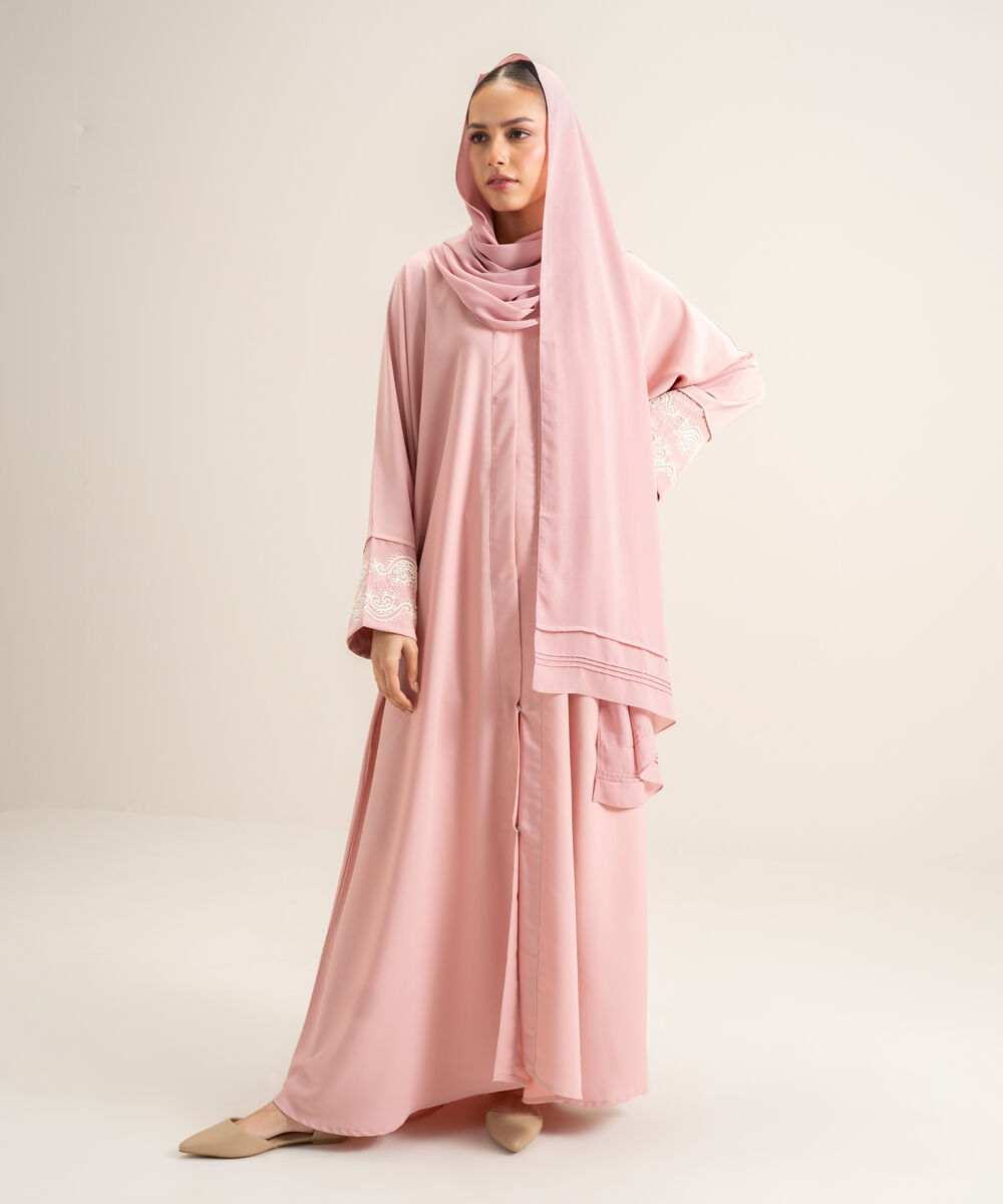 Women's Pink Embroidered Kimono Abbaya Set