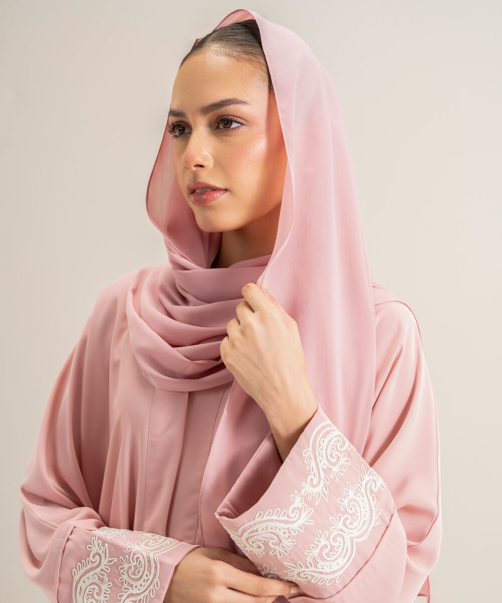 Women's Pink Embroidered Kimono Abbaya Set