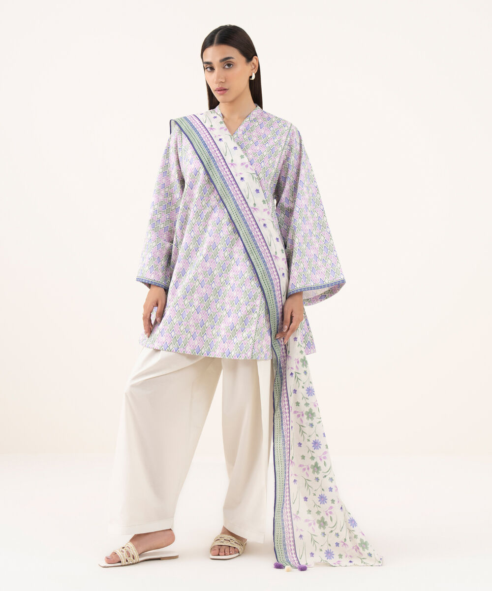 Women's Unstitched Lawn Printed Purple 3 Piece Suit