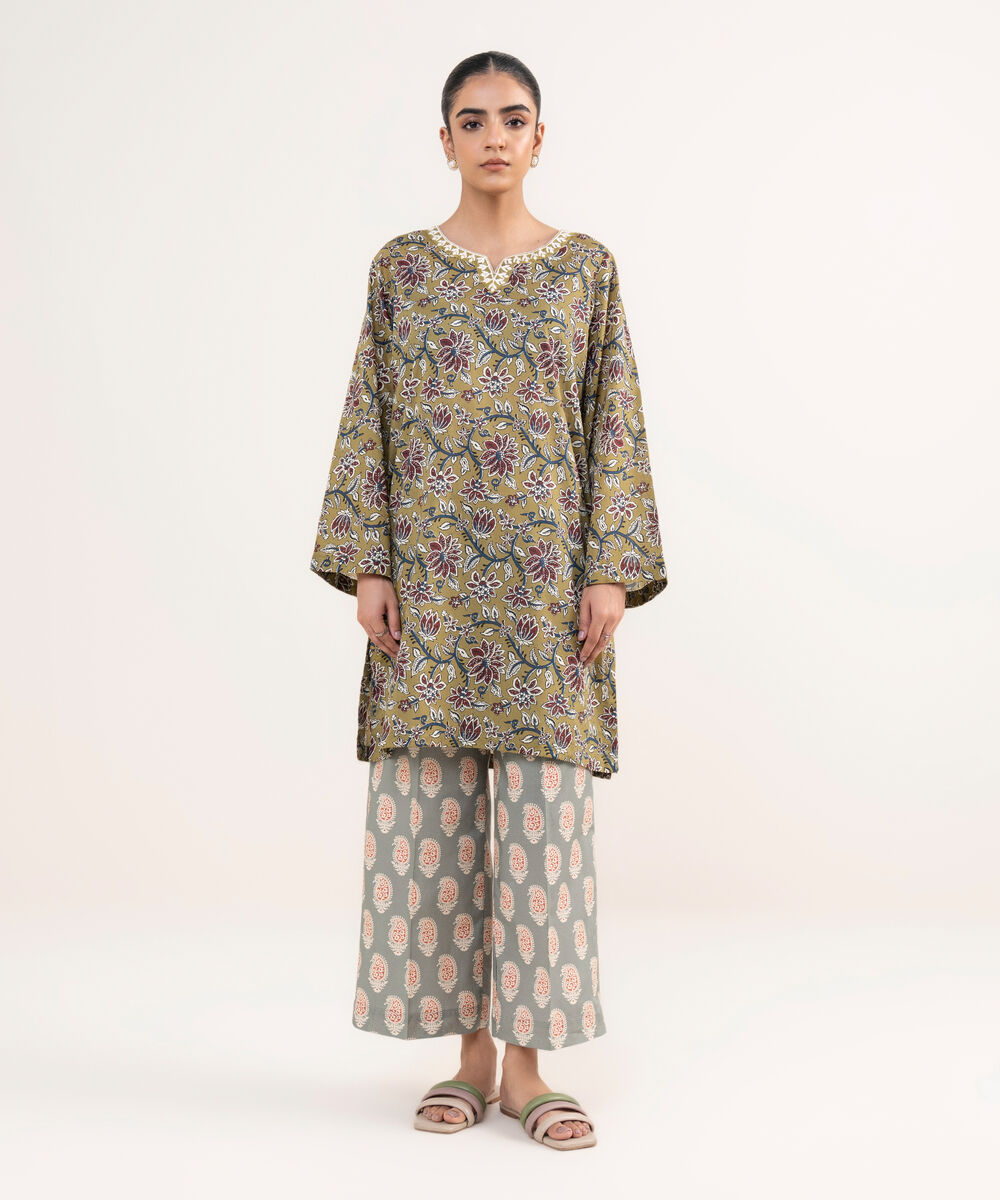 Women's RTW Lawn Green Embroidered Straight Shirt