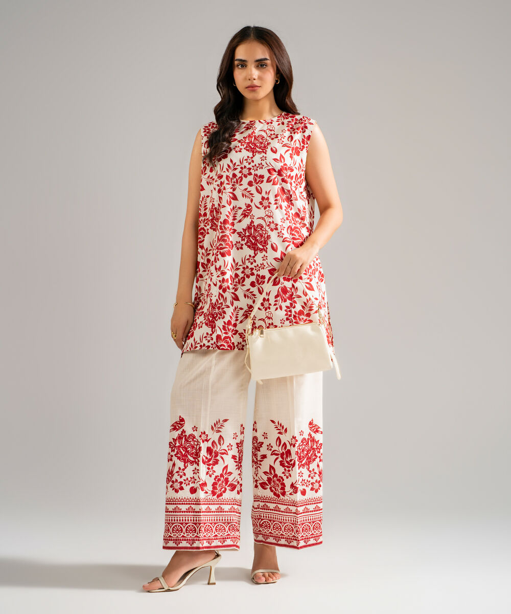 Women's RTW Slub Lawn Printed Cream White Straight Shirt