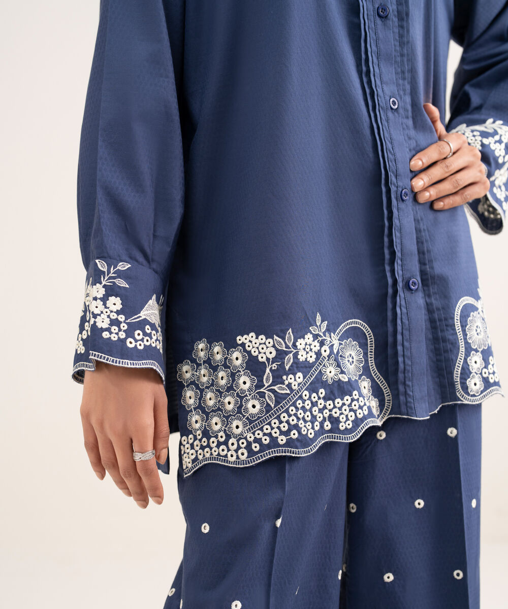 Women's RTW Dobby Embroidered Blue Drop Shoulder Shirt