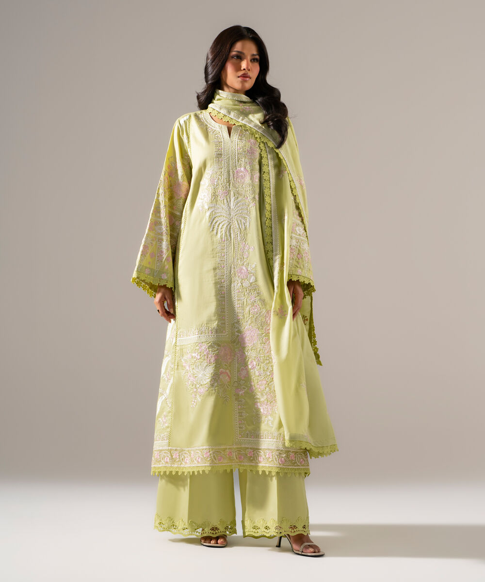 Women's RTW Cotton Satin Solid Embroidered Green 3 Piece Suit