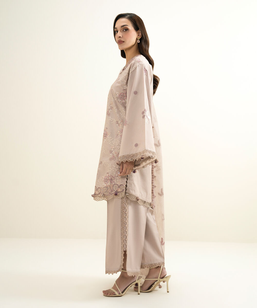 Women's Unstitched Lawn Embroidered Pink 3 Piece Suit