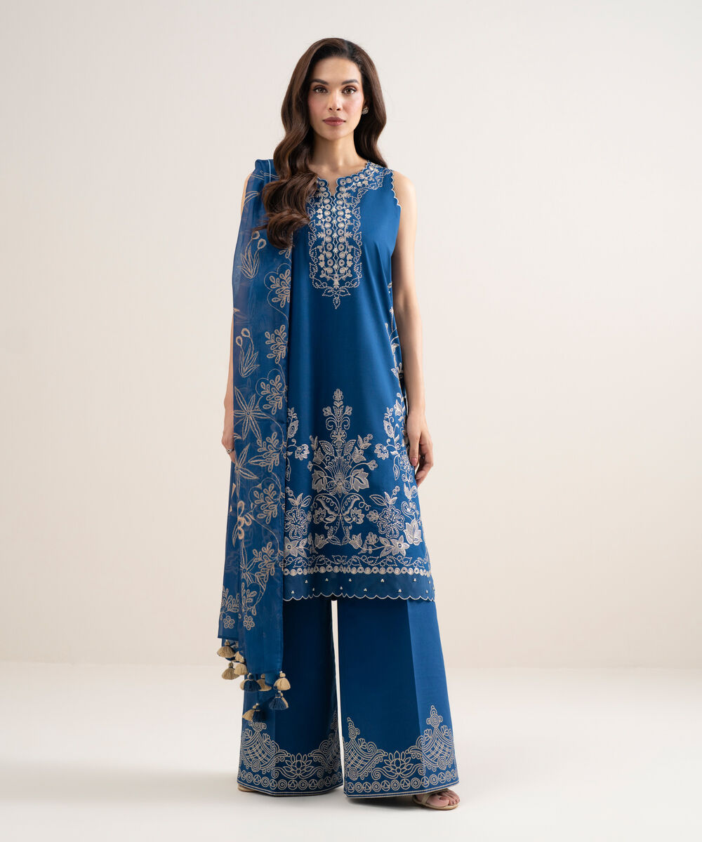 Women's Unstitched Slub Lawn Embroidered Teal Blue 3 Piece Suit