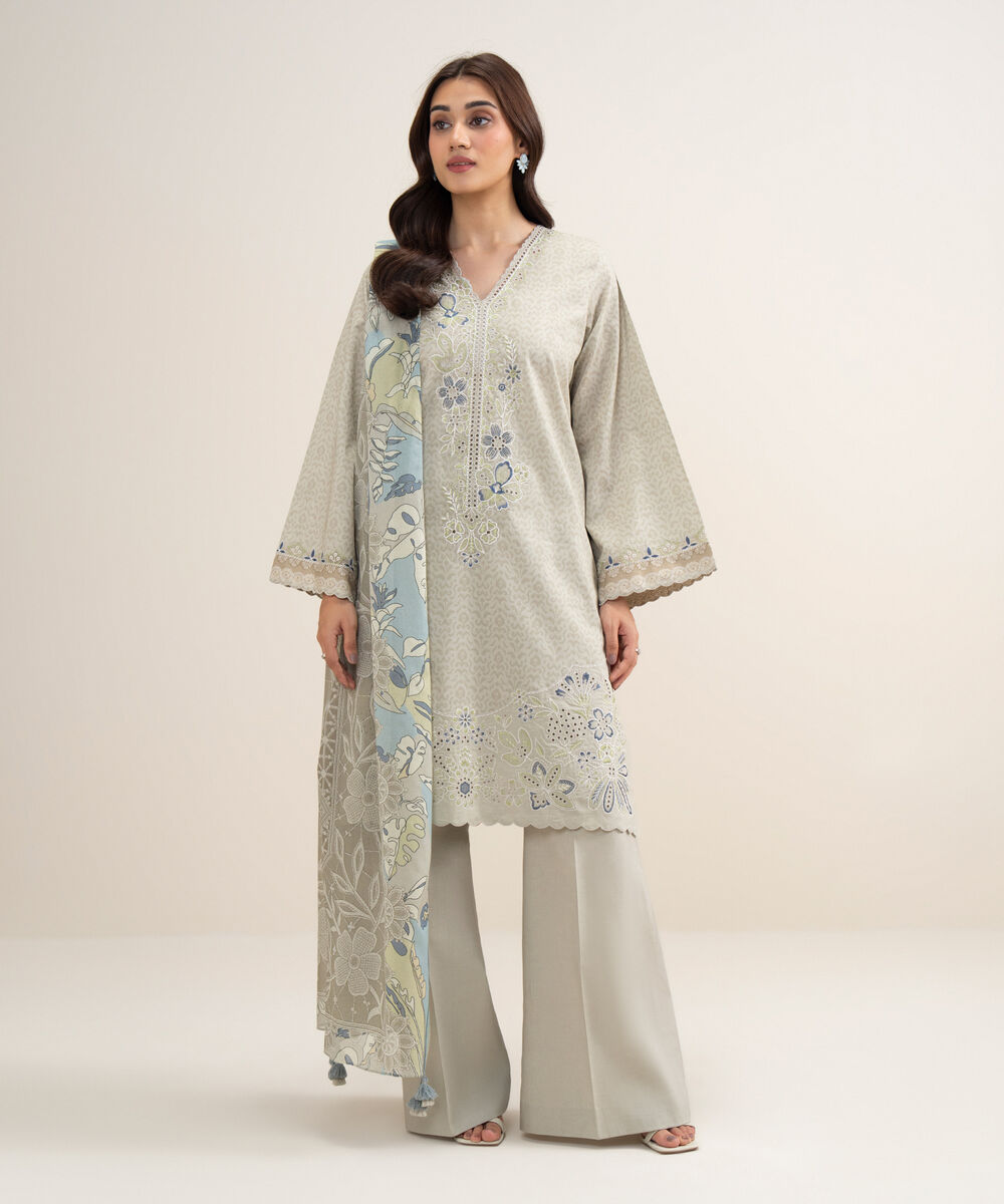 Women's Unstitched Lawn Embroidered Beige 3 Piece Suit