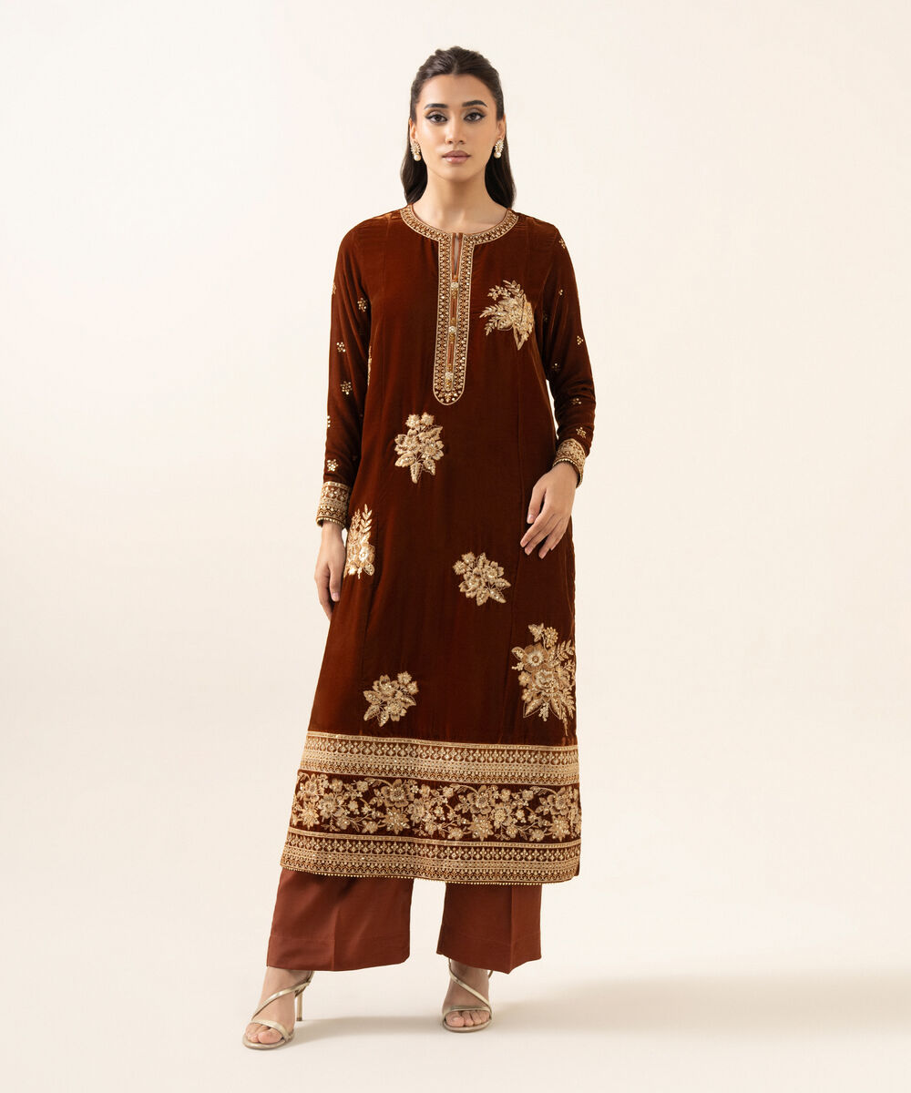 Women's RTW Velvet Embroidered Brown A-Line 2 Piece Suit