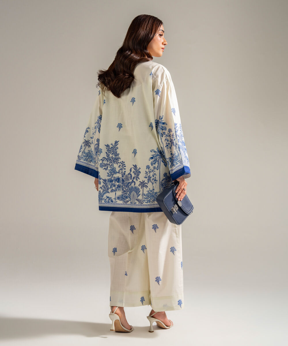 Women's RTW Slub Lawn Printed Off White Drop Shoulder Shirt