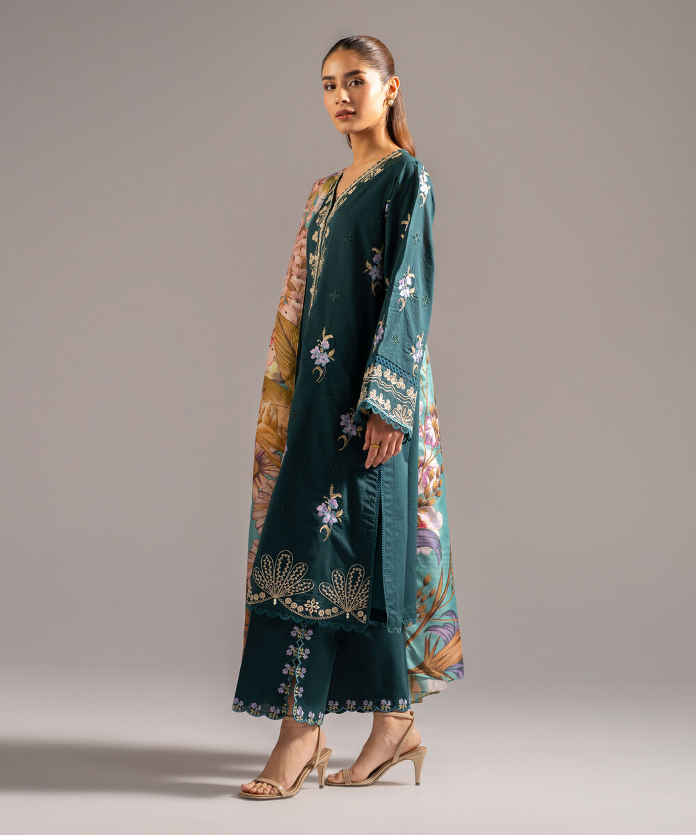 Women's RTW Slub Lawn Embroidered Dark Green 3 Piece Suit