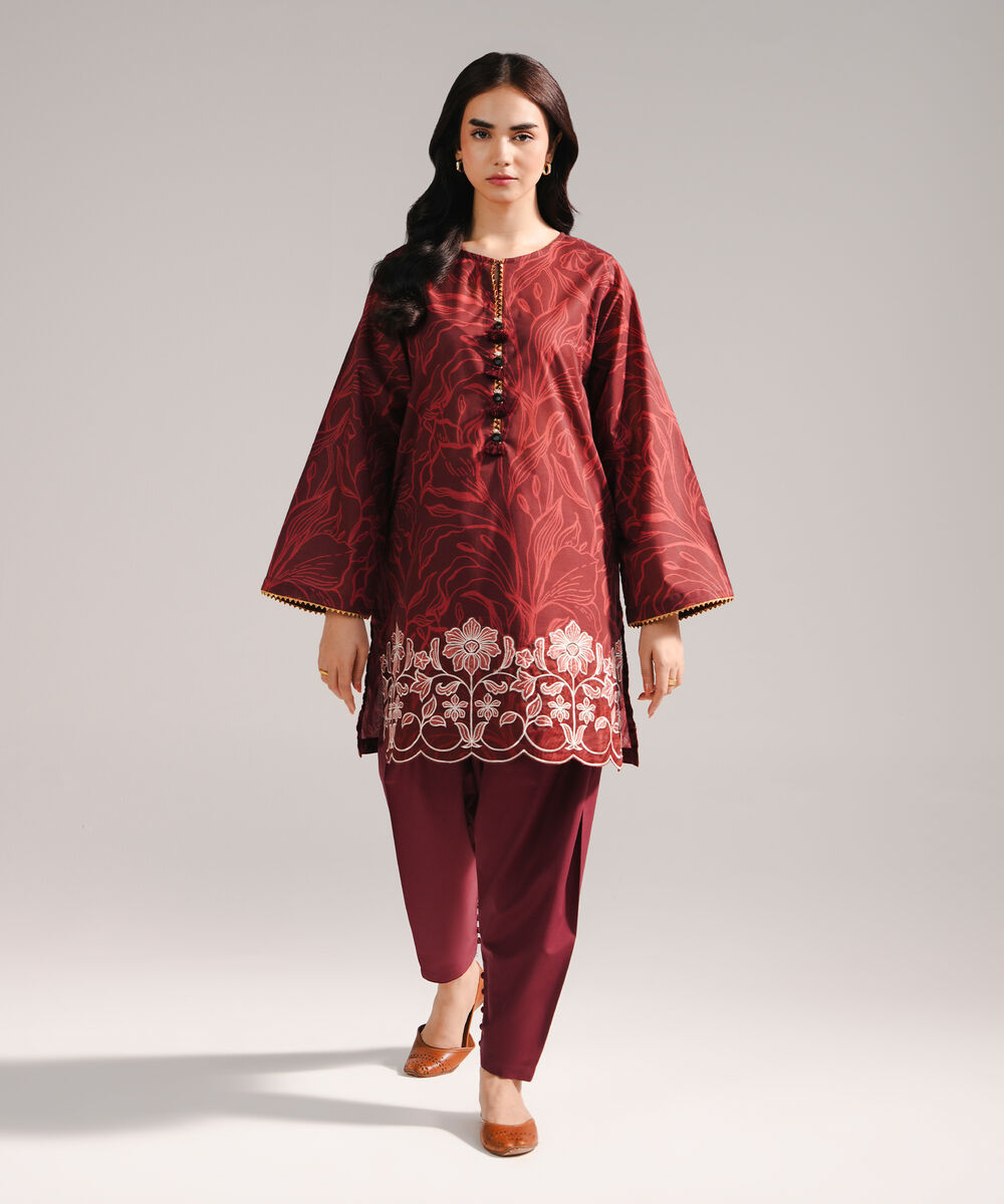 Women's RTW Slub Lawn Embroidered Deep Maroon 2 Piece Suit