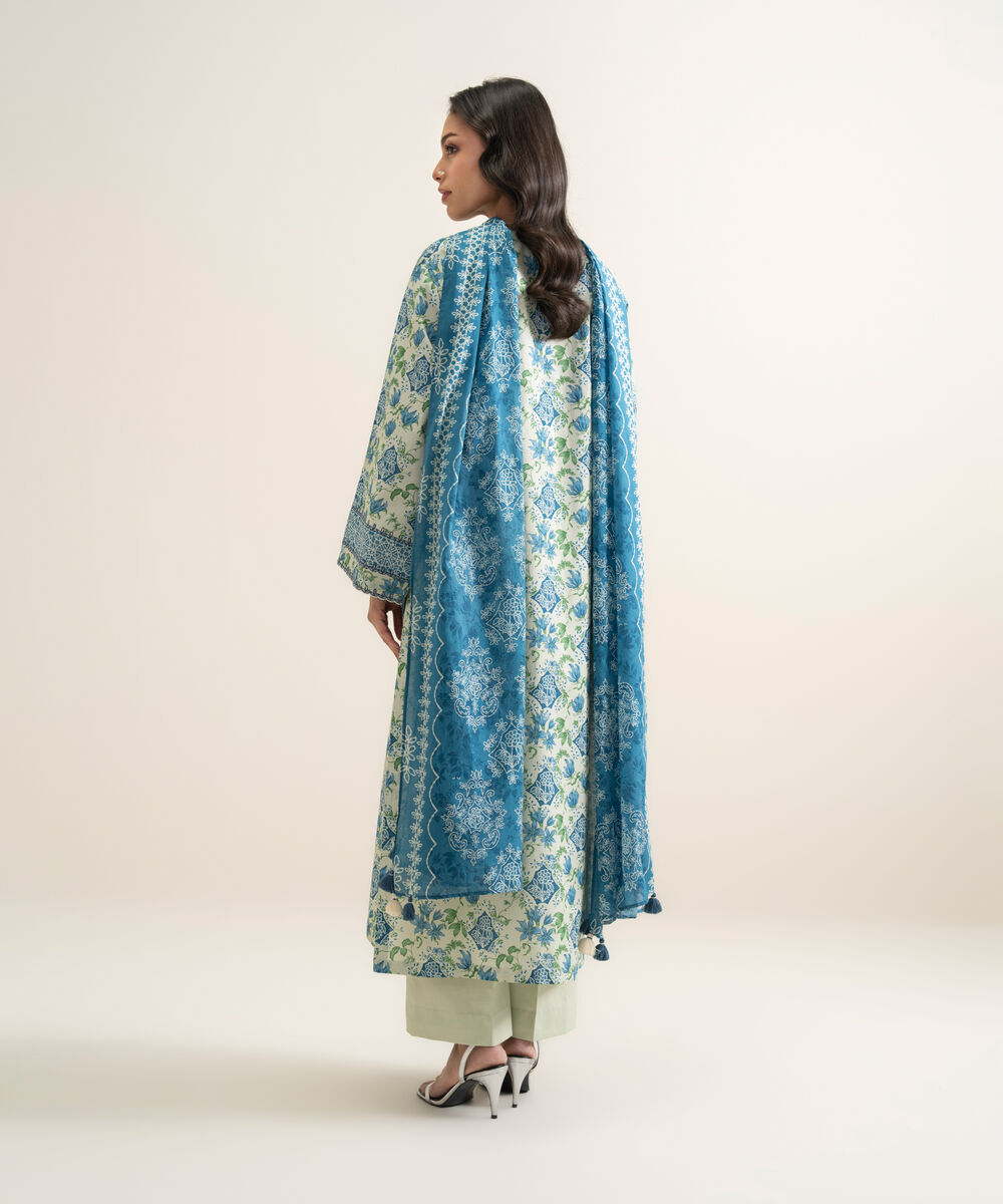 Women's Unstitched Lawn Embroidered Off White and Blue 3 Piece Suit