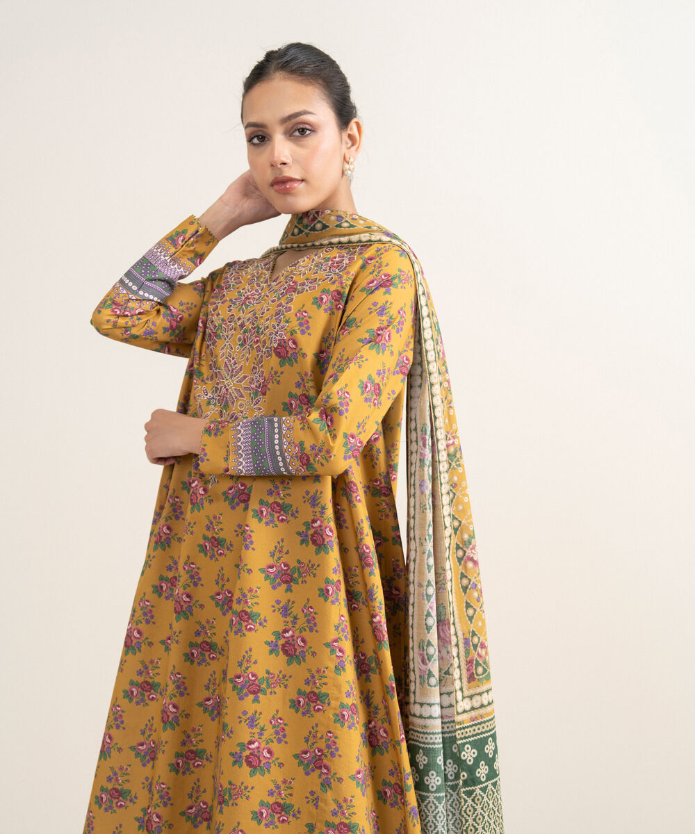 Women's Unstitched Lawn Embroidered Mustard 3 Piece Suit