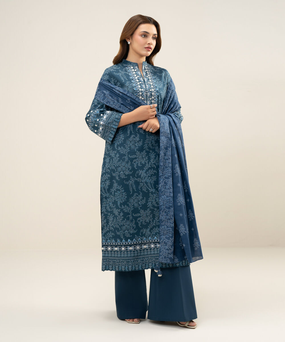 Women's Unstitched Lawn Embroidered Blue 3 Piece Suit