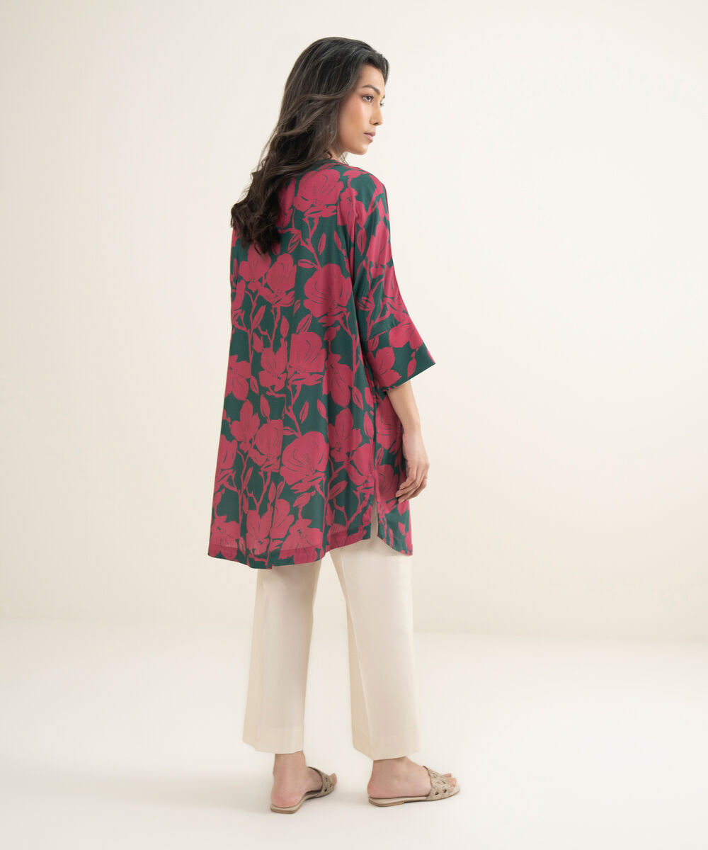 Women's RTW Arabic Cambric Printed Green Drop Shoulder Shirt