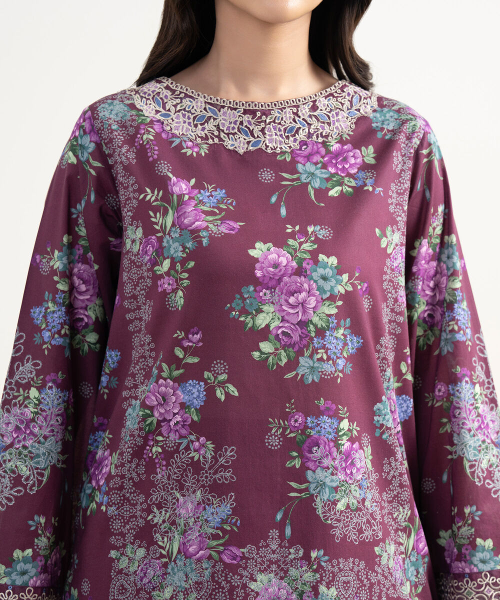 Women's RTW Lawn Embroidered Purple Straight Shirt