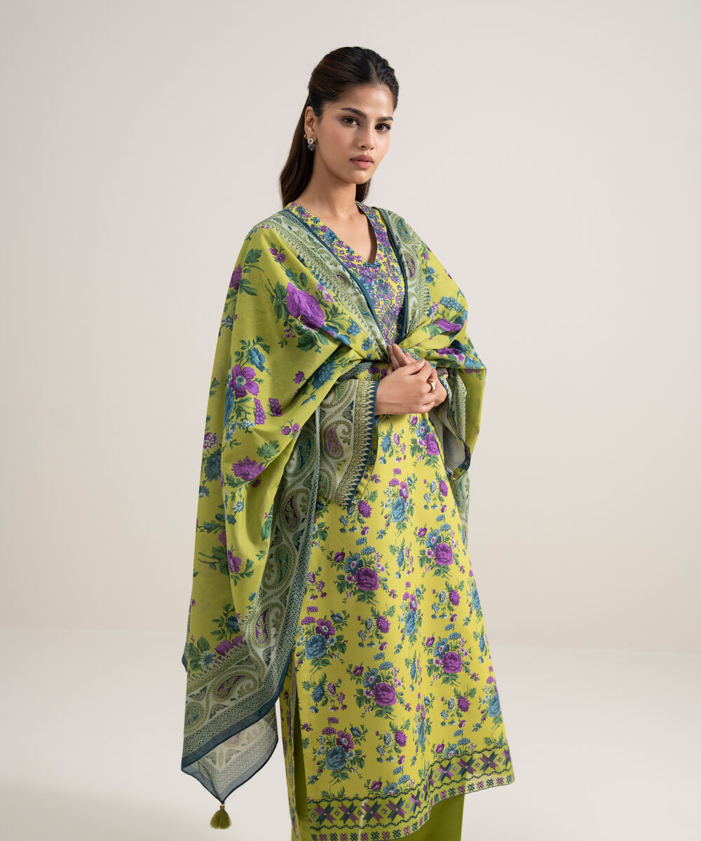 Women's Unstitched Lawn Embroidered Parrot Green 3 Piece Suit