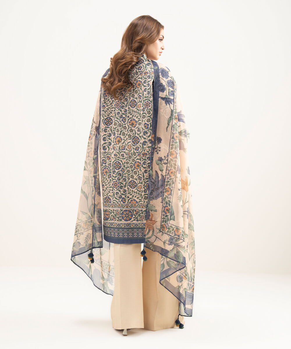 Women's Unstitched Blended Grip Silk Embroidered Blue 3 Piece Suit