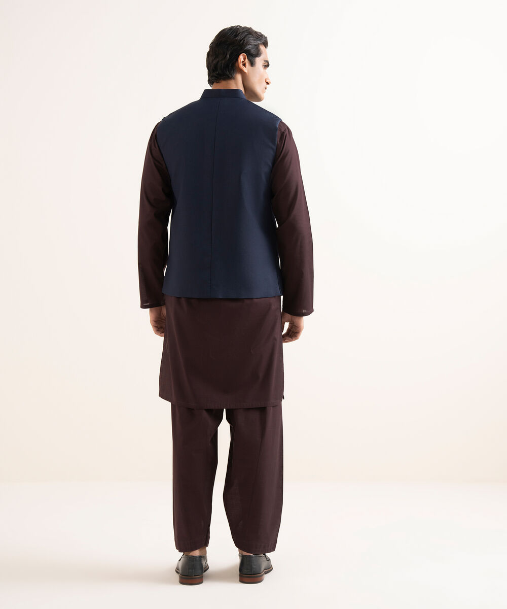 Men's Stitched Textured Wash & Wear Blue Waistcoat